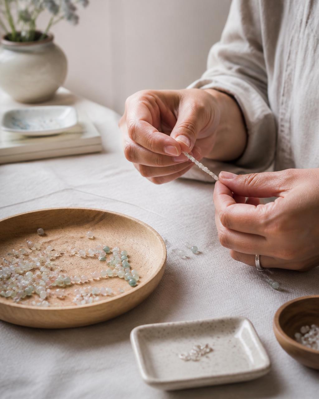 Hands stringing small glass beads onto a fine wire at a bright workspace
