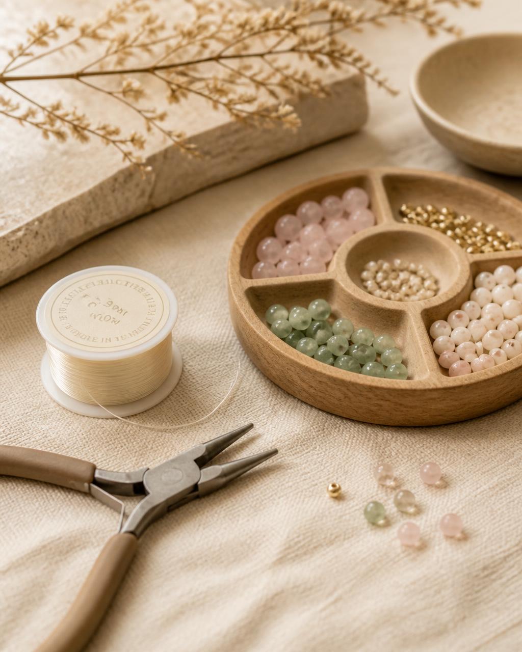 Beading thread, pliers and a wooden tray of sorted beads on a linen surface